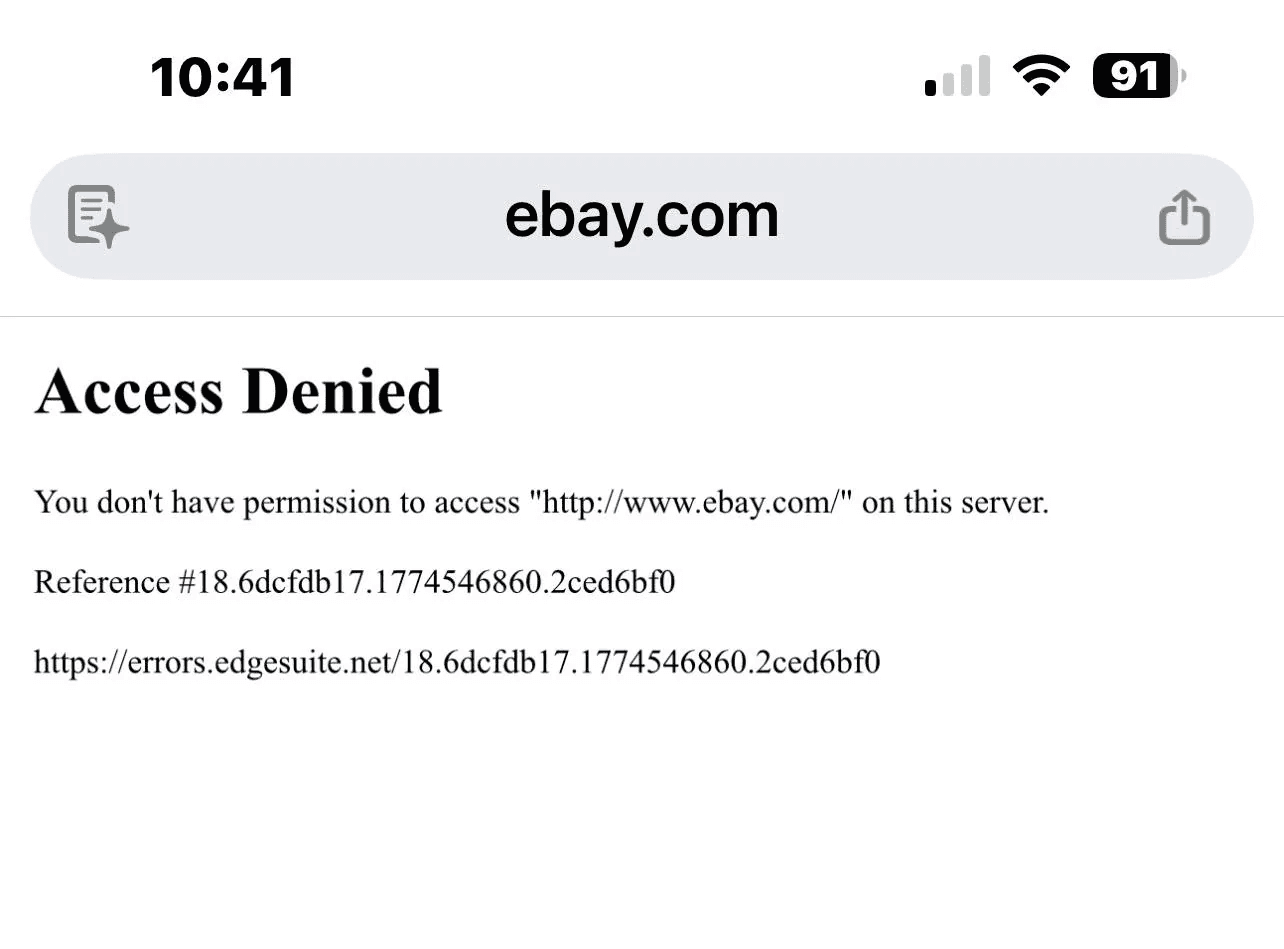 An Access Denied page on ebay.com in a phone browser, saying you don't have permission to access the server, with a reference number and an errors.edgesuite.net link