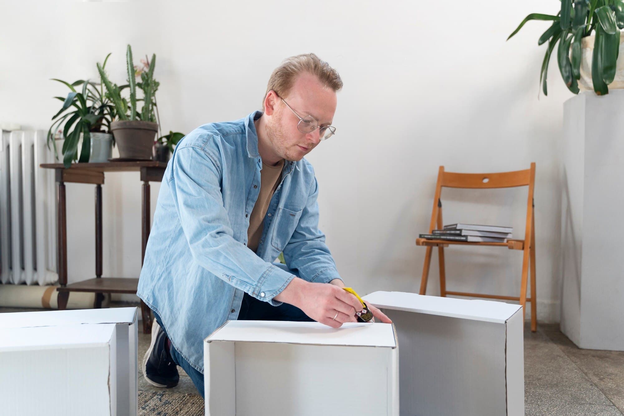 A person measuring a white upcycled storage box in a plant-filled room
