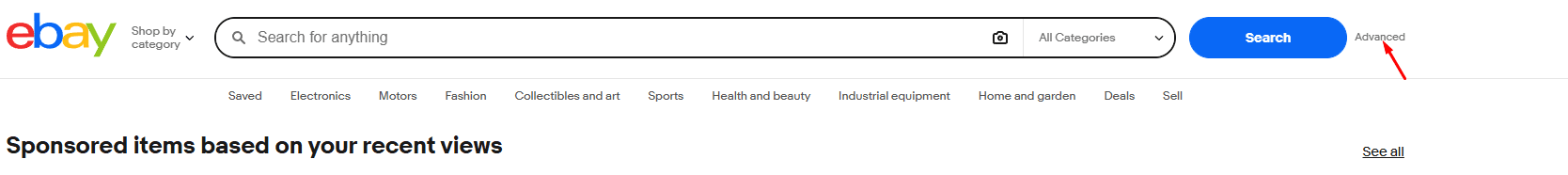 The eBay header with the small grey Advanced link to the right of the blue Search button, marked with a red arrow