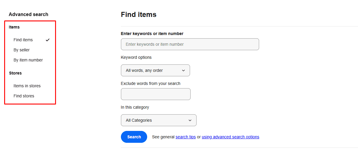 The eBay Advanced search page with the sidebar tabs Find items, By seller, By item number, Items in stores and Find stores highlighted next to the Find items form