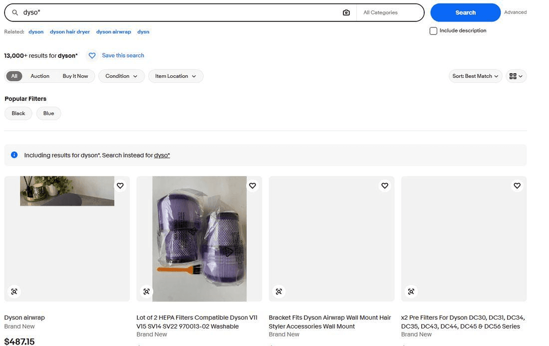 eBay search for dyso* showing 13,000+ results with a notice reading Including results for dyson*