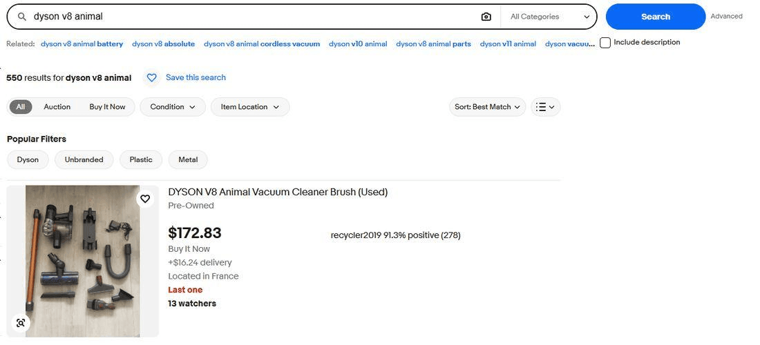 eBay search results for dyson v8 animal showing 550 results, with a used Dyson V8 Animal brush listing first