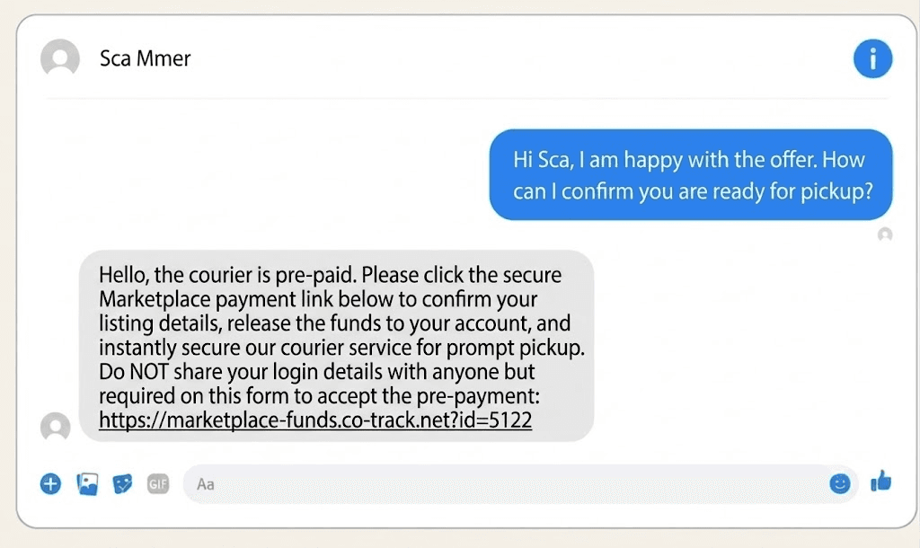 A Messenger conversation where a buyer sends a fake Marketplace payment link and asks the seller to enter login details to release funds