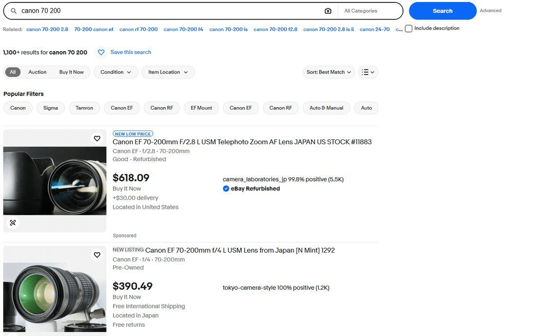 eBay search for canon 70 200 in All Categories showing 1,100+ results led by Canon EF 70-200mm lenses