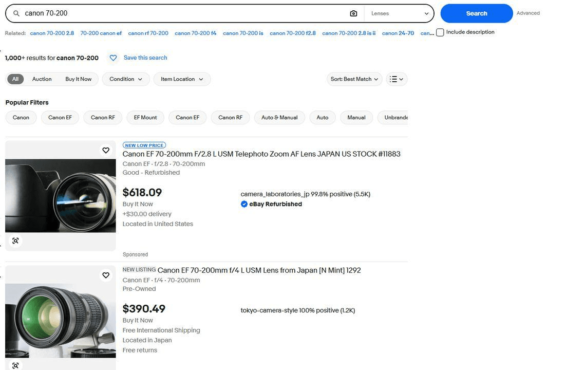 eBay search for canon 70-200 with the category switched to Lenses, showing 1,000+ results led by Canon EF 70-200mm lenses