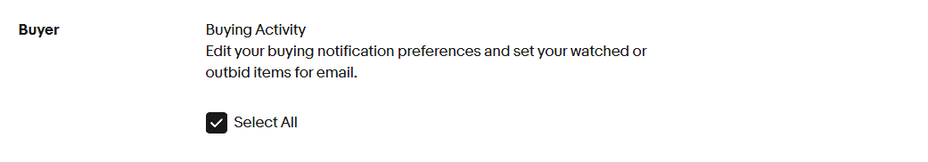eBay Communication Preferences Buyer section with Buying Activity notifications and Select All checked