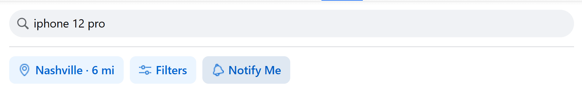 The Marketplace search bar with “iphone 12 pro” typed in and the Nashville, Filters, and Notify Me buttons below it