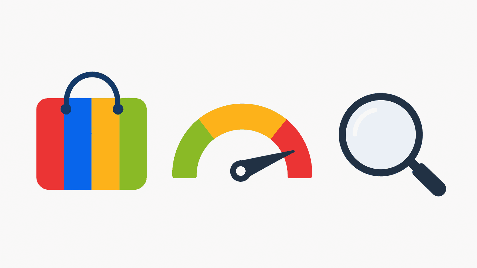 An eBay shopping bag, a speedometer with the needle in the red, and a magnifying glass