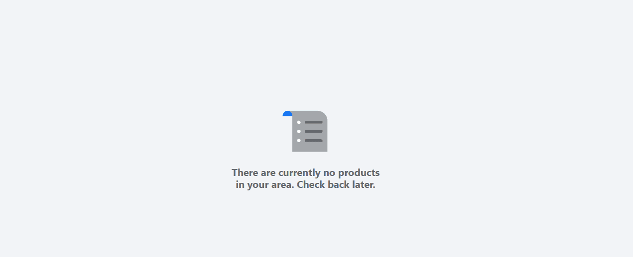 A Facebook Marketplace empty state reading “There are currently no products in your area. Check back later.”