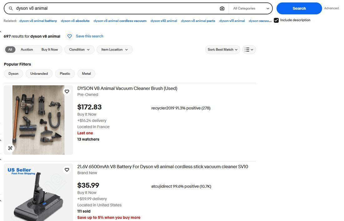 eBay search for dyson v8 animal with Include description ticked, showing 697 results