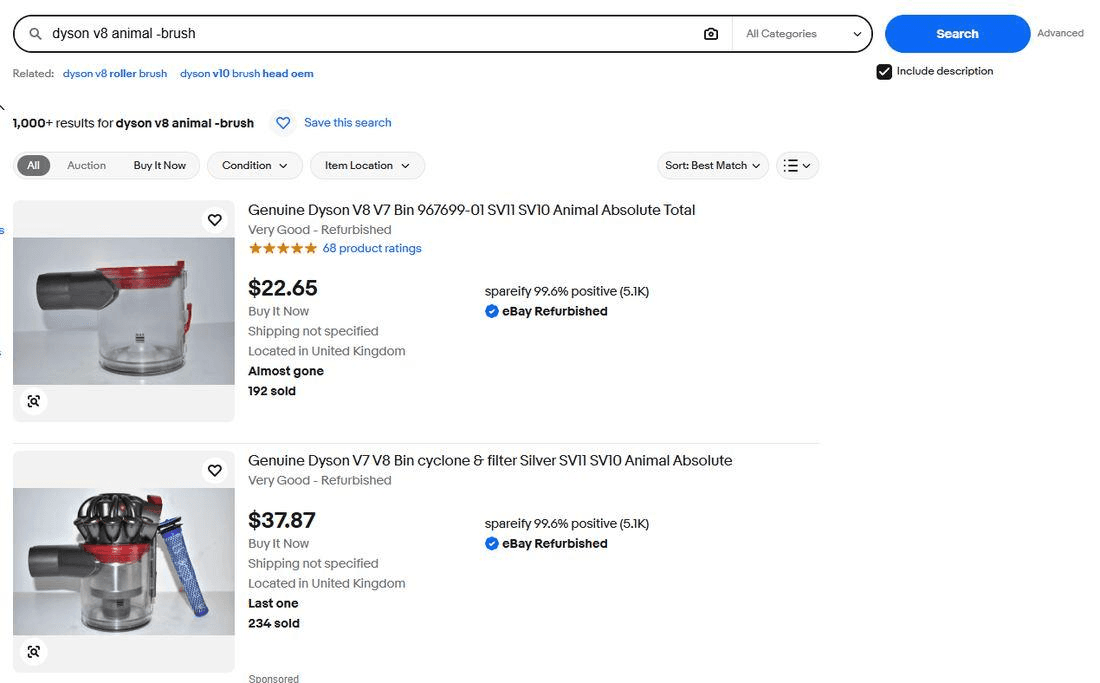 eBay search for dyson v8 animal -brush with Include description ticked, showing 1,000+ results