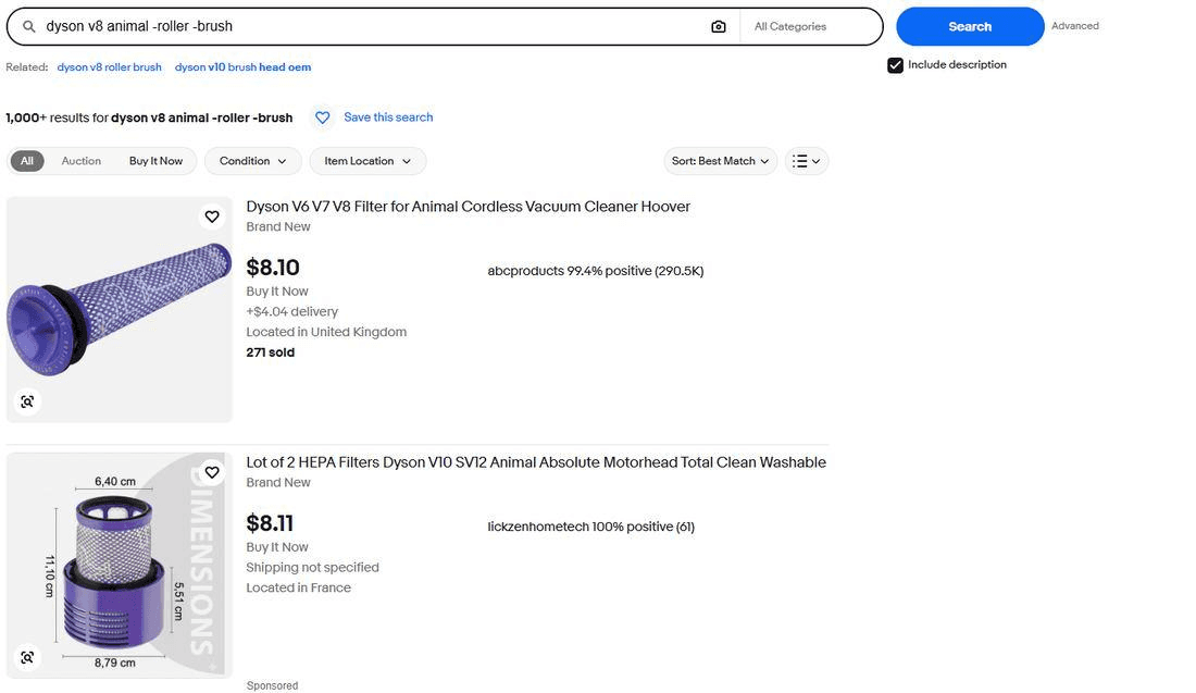 eBay search for dyson v8 animal -roller -brush with Include description ticked, showing 1,000+ results led by filters