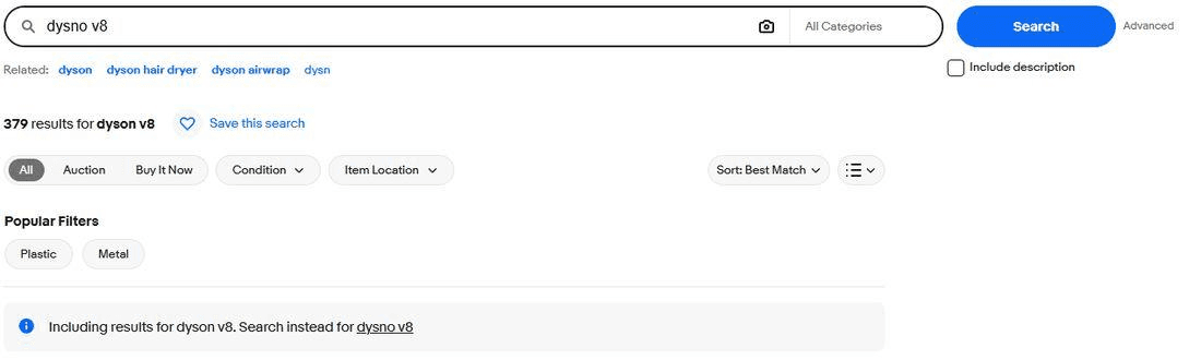 eBay search results for the typo dysno v8, showing 379 results for dyson v8 and a notice offering to search dysno v8 instead