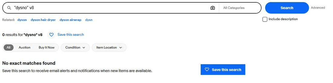 eBay search for the quoted query dysno v8, returning zero results and a no exact matches found message