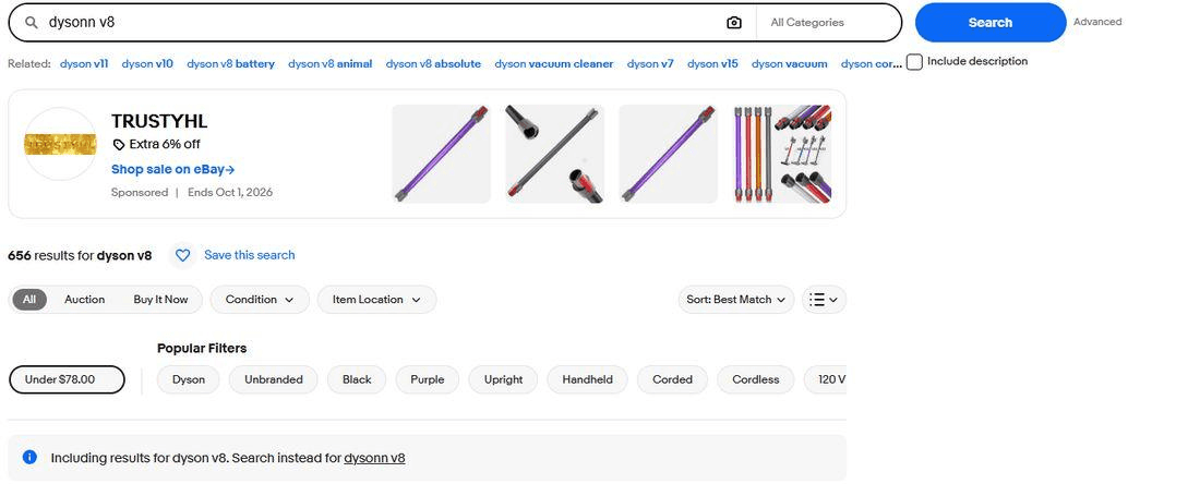 eBay search for dysonn v8 without quotes, returning 656 results for dyson v8