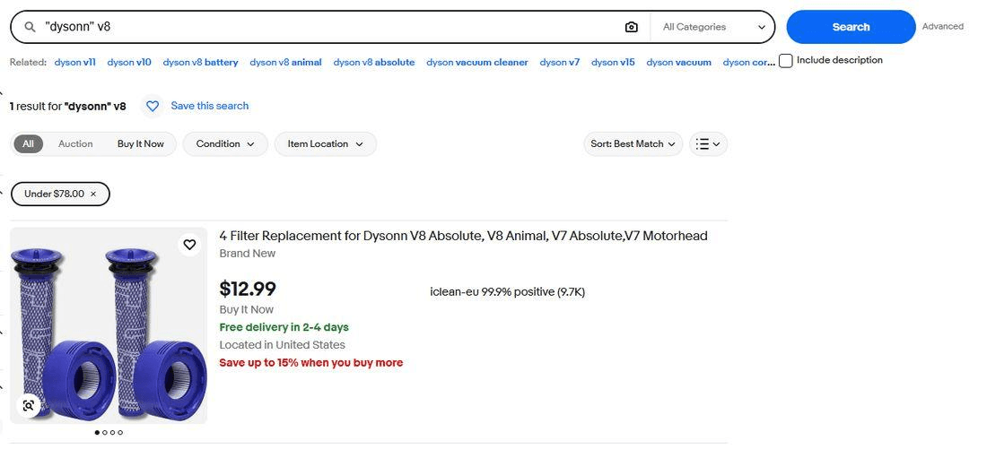 eBay search for the quoted query dysonn v8, returning a single listing titled 4 Filter Replacement for Dysonn V8 Absolute