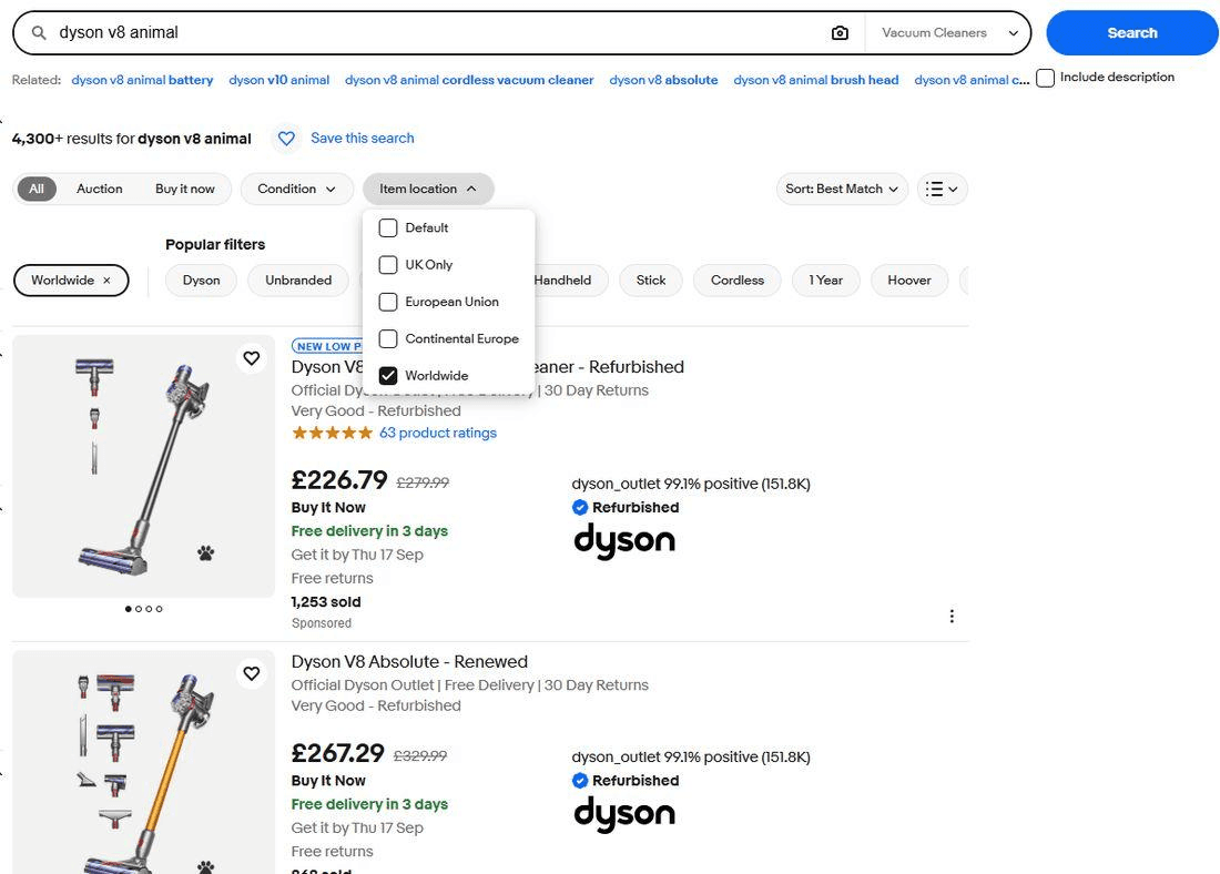 The Item location dropdown on ebay.co.uk with five options: Default, UK Only, European Union, Continental Europe and Worldwide