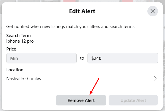 The Marketplace Edit Alert dialog with a Remove Alert button at the bottom