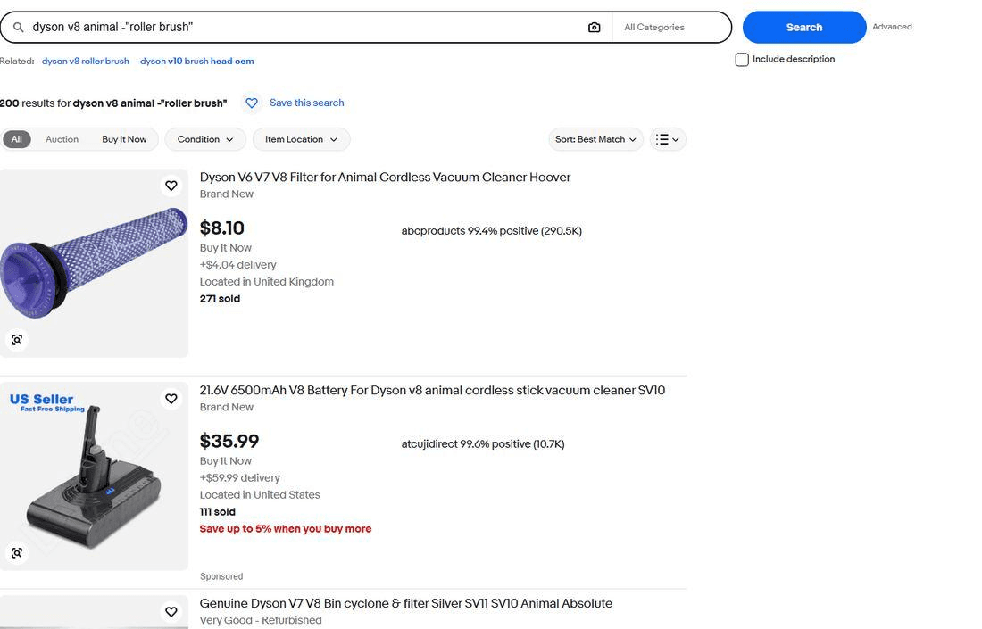 eBay search for dyson v8 animal excluding the quoted phrase roller brush, showing 200 results led by a filter and a battery