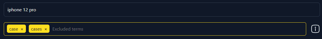 The Lotify query field set to “iphone 12 pro” with “case” and “cases” added as excluded terms