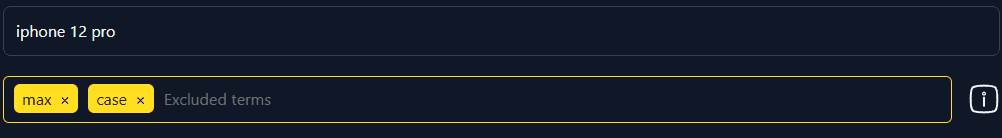 The Lotify query field set to “iphone 12 pro” with “max” and “case” added as excluded terms