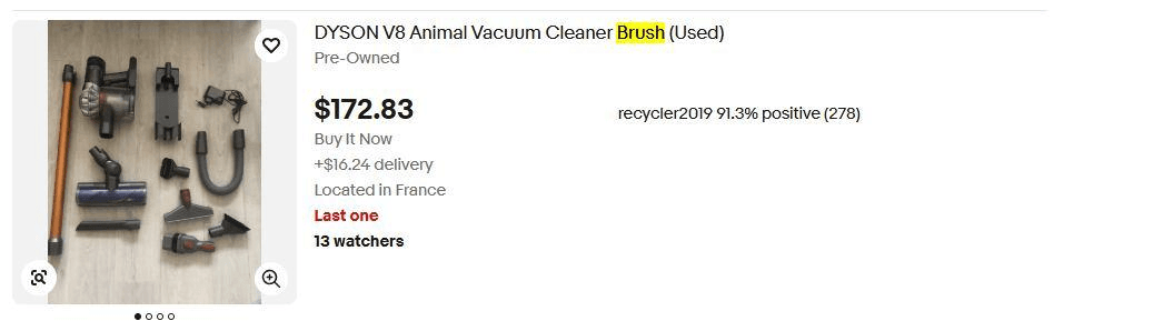 A DYSON V8 Animal Vacuum Cleaner Brush (Used) listing with the word Brush highlighted in the title