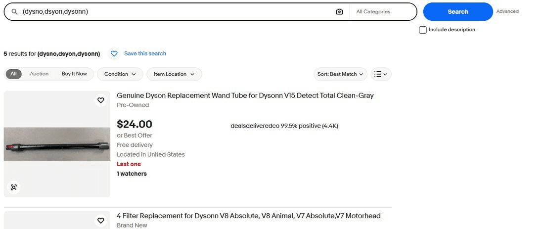 eBay search for the grouped query dysno, dsyon, dysonn in parentheses, returning five results whose titles carry the misspelling