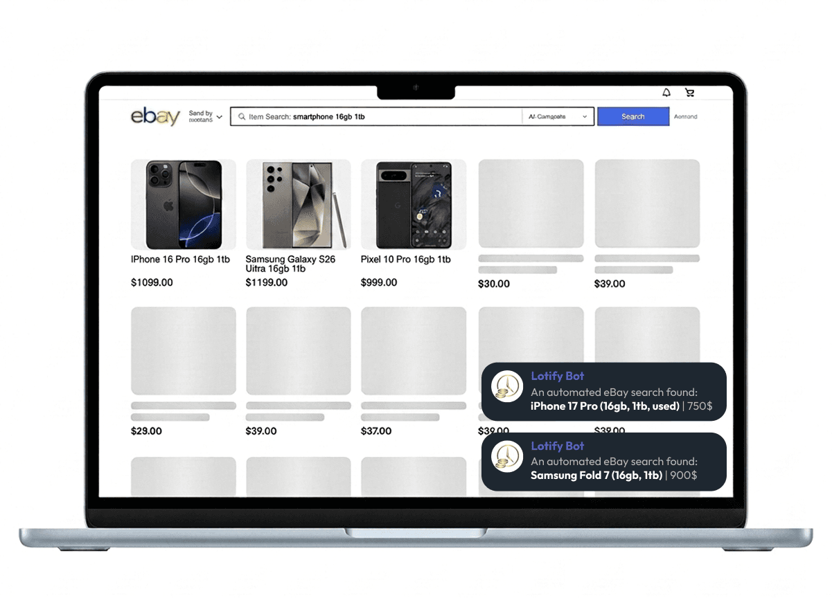 Lotify monitoring eBay search results with instant Telegram alerts for matching listings