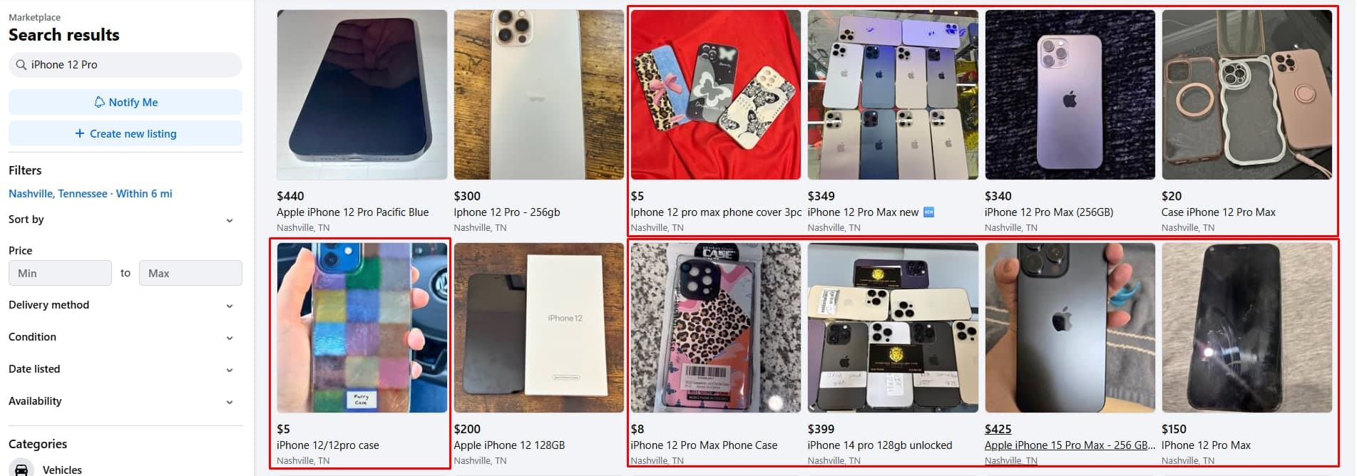 Marketplace results for “iPhone 12 Pro” with cases, screen protectors, and Max models outlined in red