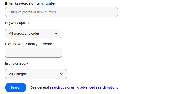The Advanced search keyword box with the Keyword options dropdown set to All words, any order, the Exclude words field and the category dropdown