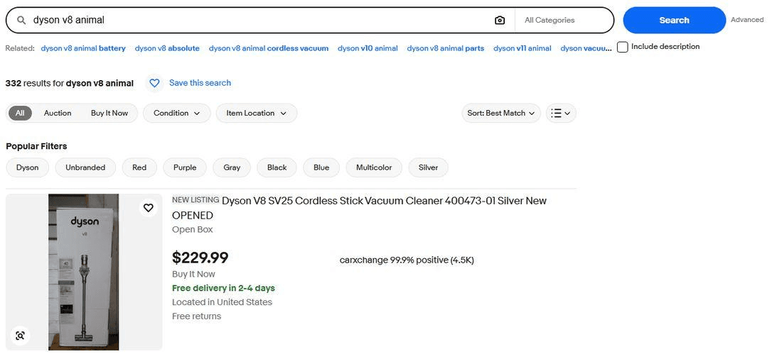 eBay search results for dyson v8 animal with no Item Location chip applied, showing 332 results
