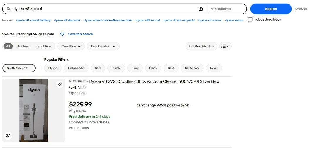 eBay search results for dyson v8 animal with the North America location chip applied, showing 324 results