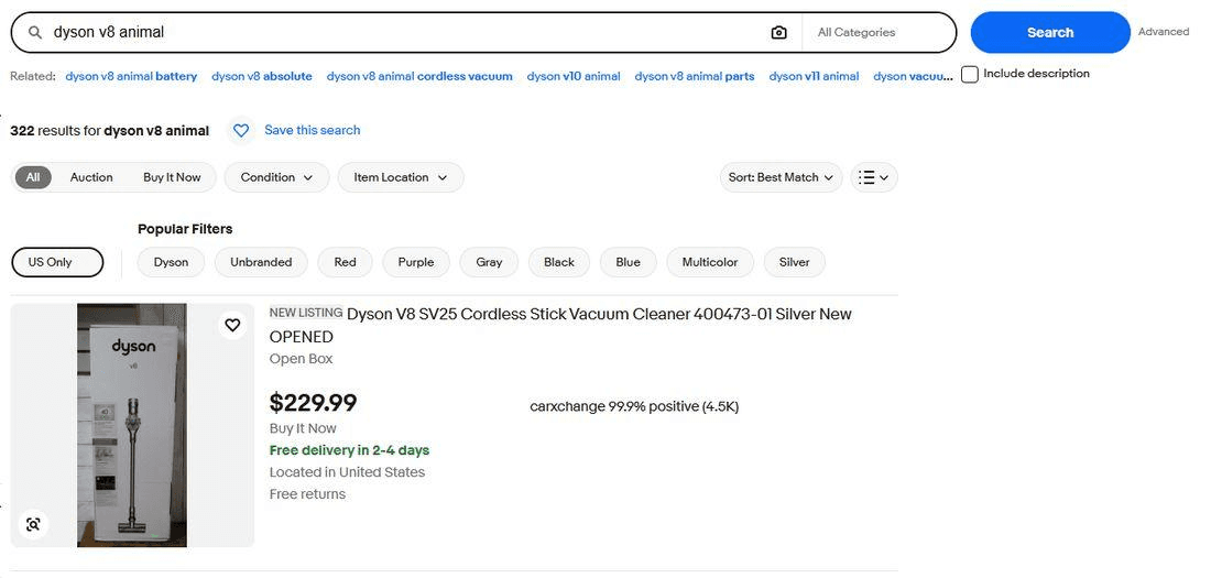 eBay search results for dyson v8 animal with the US Only location chip applied, showing 322 results