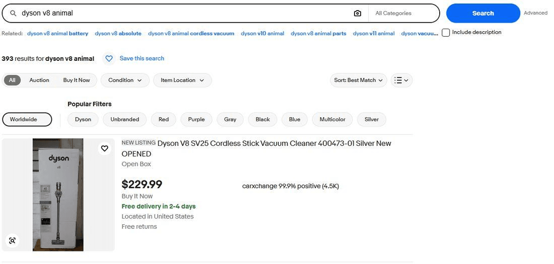 eBay search results for dyson v8 animal with the Worldwide location chip applied, showing 393 results