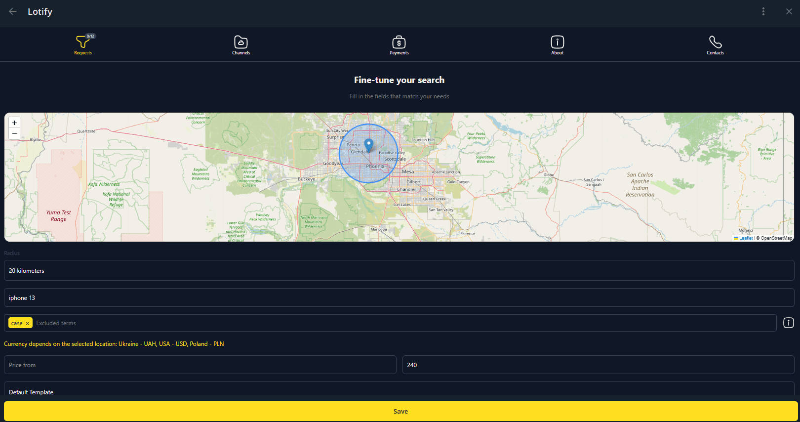 The Lotify bot's fine-tune screen with a location radius on a map, a search query, excluded terms, and a maximum price