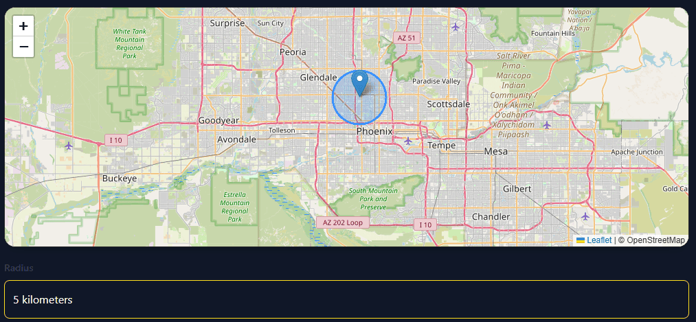 The Lotify map with a dropped pin and a 5 kilometer radius circle