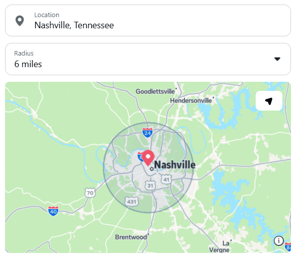 The Marketplace location filter set to Nashville, Tennessee with a 6 mile radius drawn on a map