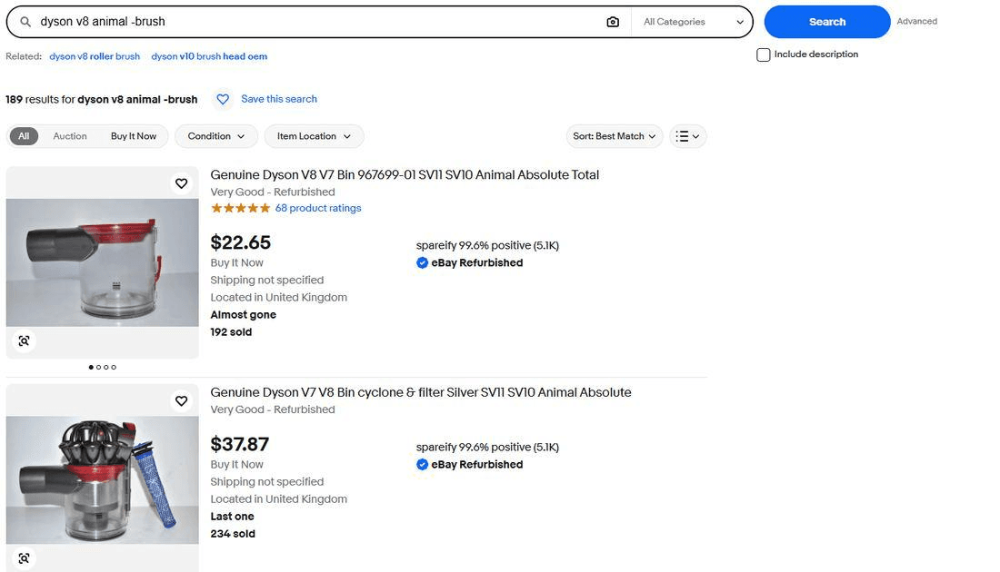 eBay search for dyson v8 animal -brush showing 189 results, led by Dyson bin listings