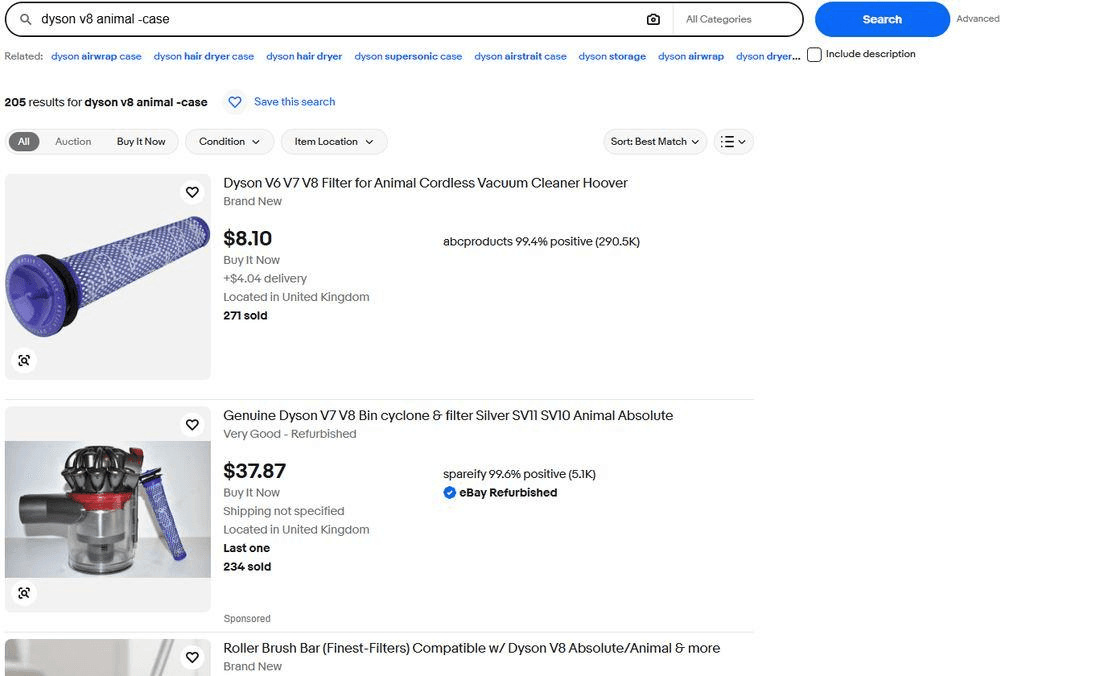 eBay search for dyson v8 animal -case showing 205 results