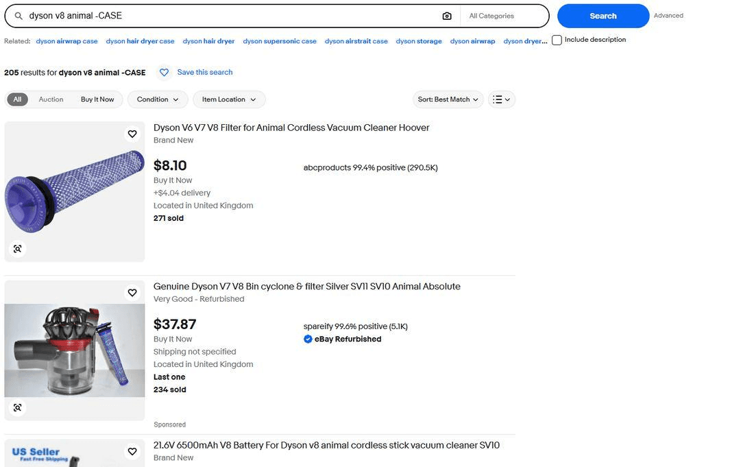eBay search for dyson v8 animal -CASE showing 205 results