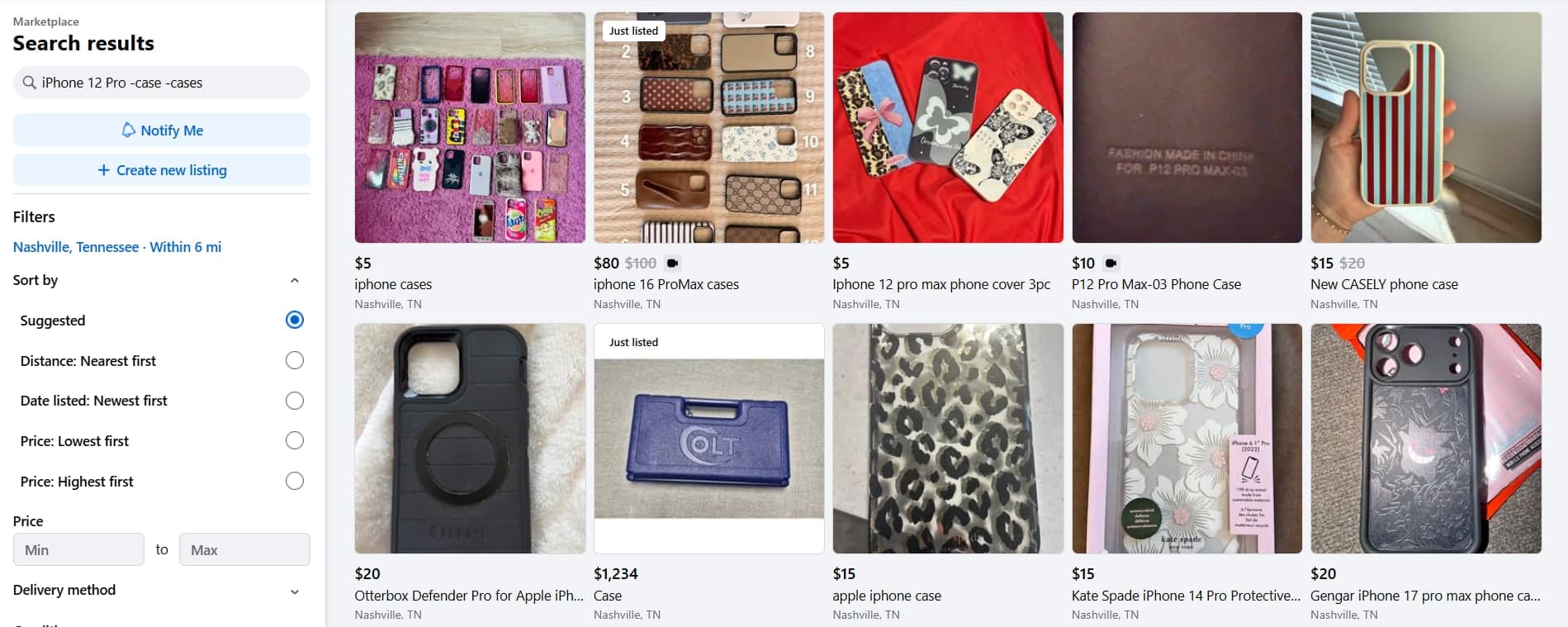 Marketplace results for iPhone 12 Pro -case -cases: ten listings, every one of them a phone case