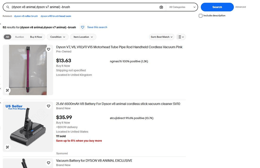 eBay search for (dyson v8 animal,dyson v7 animal) -brush showing 52 results, led by a motorhead tube and a battery