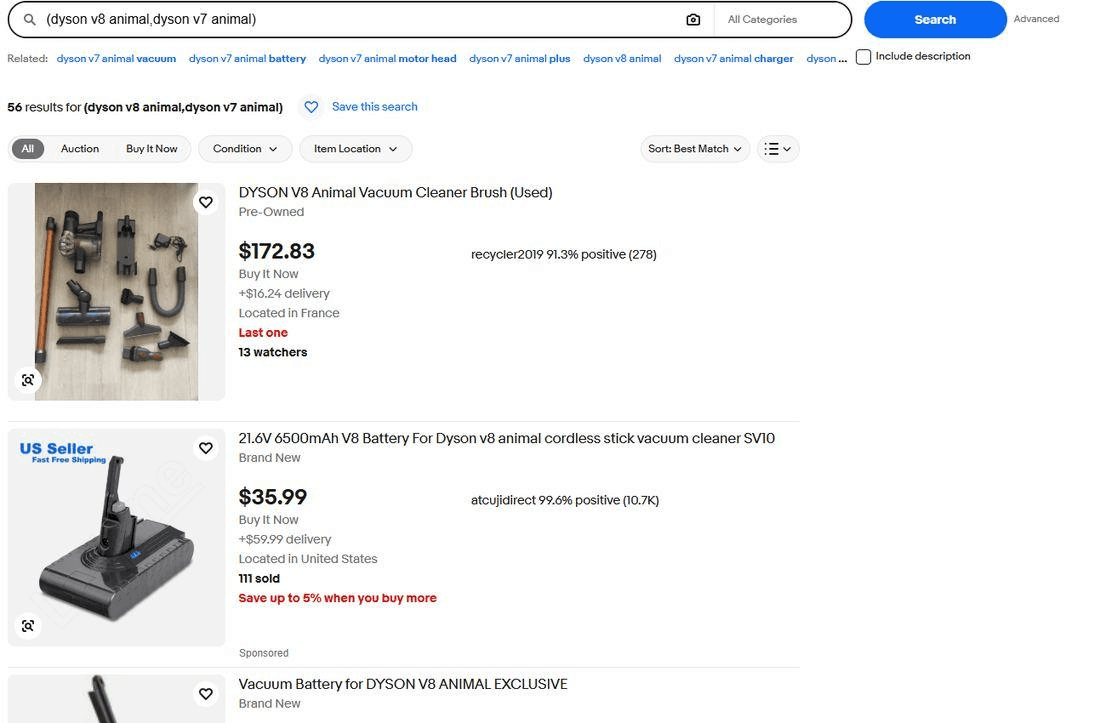 eBay search for (dyson v8 animal,dyson v7 animal) with no space after the comma, showing 56 results