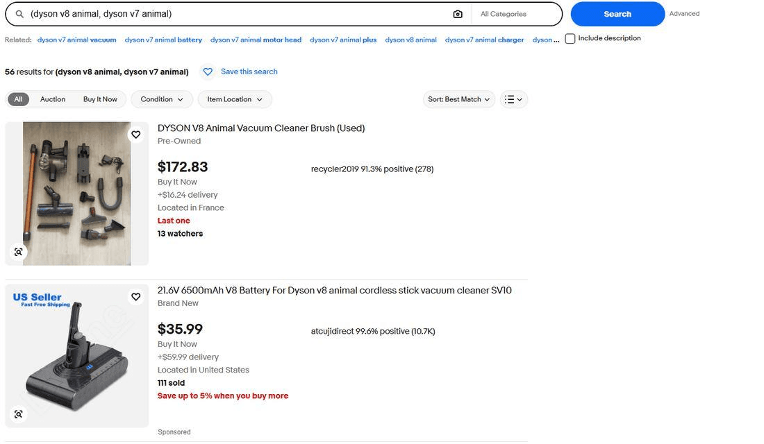 eBay search for (dyson v8 animal, dyson v7 animal) with a space after the comma, showing 56 results