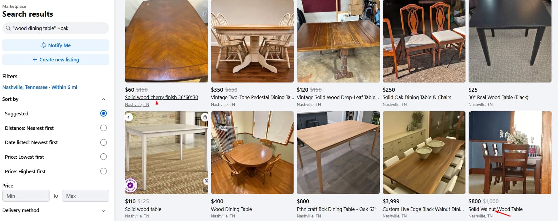 Marketplace results for “wood dining table” +oak, showing cherry and walnut tables among them
