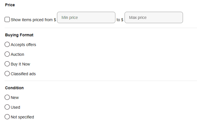 The Price range fields, Buying Format options (Accepts offers, Auction, Buy It Now, Classified ads) and Condition options (New, Used, Not specified)