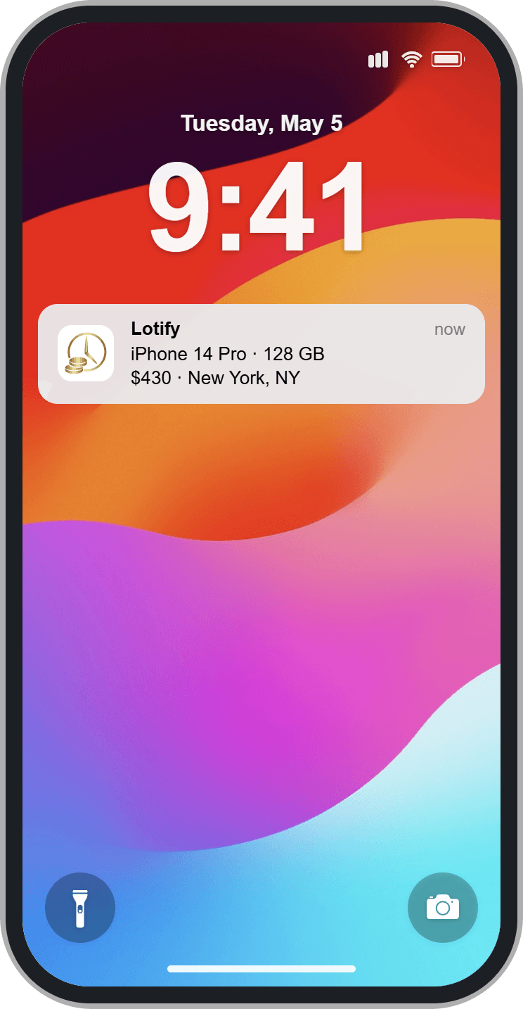 iPhone lock screen showing a Lotify Telegram push notification for a new marketplace listing