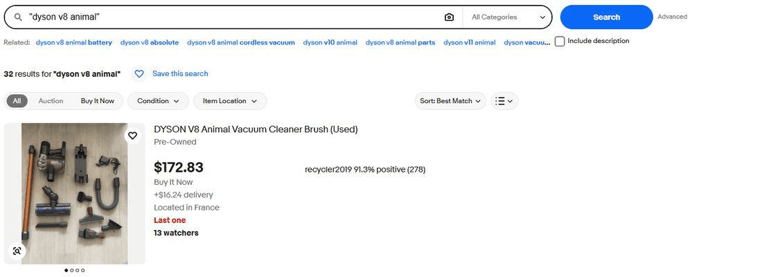 eBay search for the quoted phrase dyson v8 animal showing 32 results