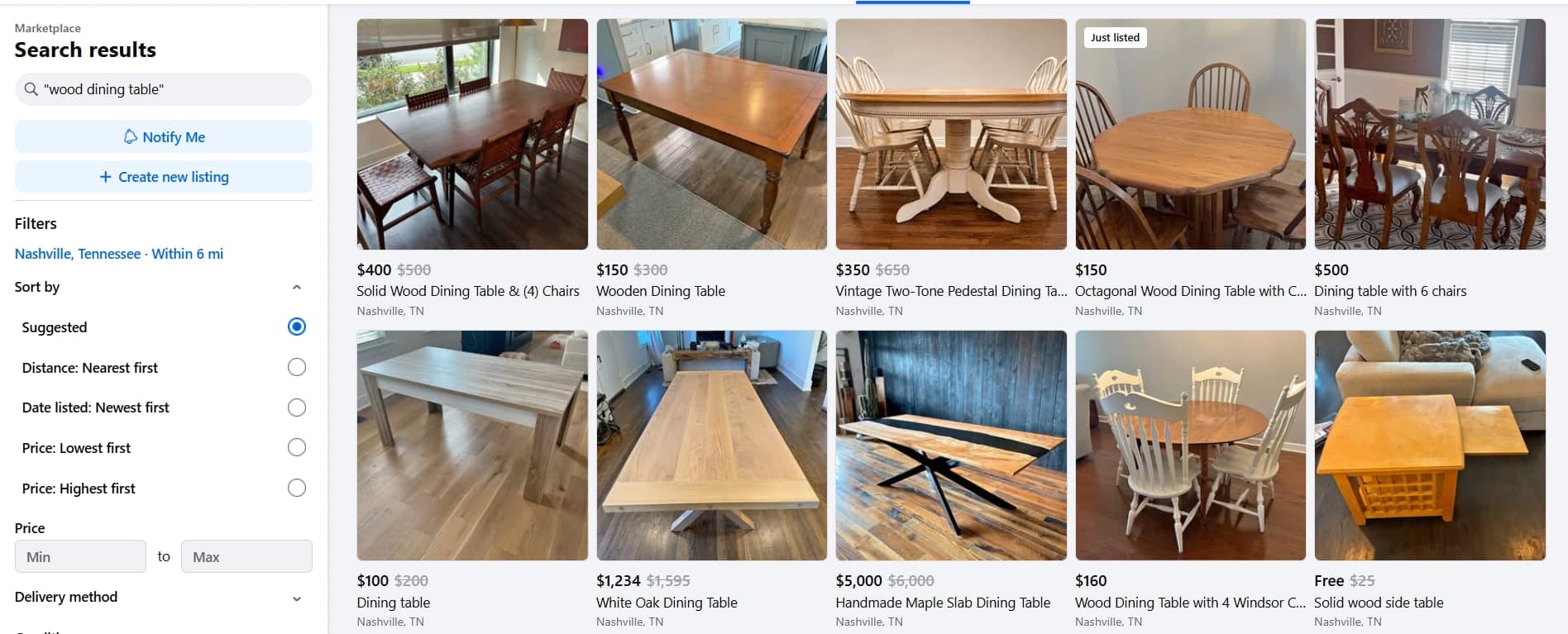 Marketplace results for the quoted phrase “wood dining table”, all of them dining tables