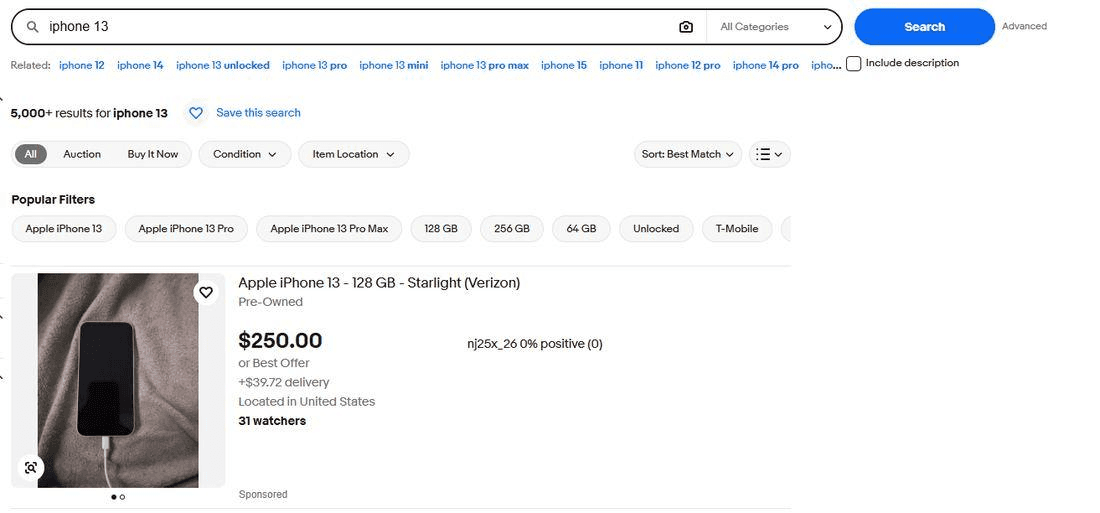 eBay search results for iphone 13 reporting 5,000+ results